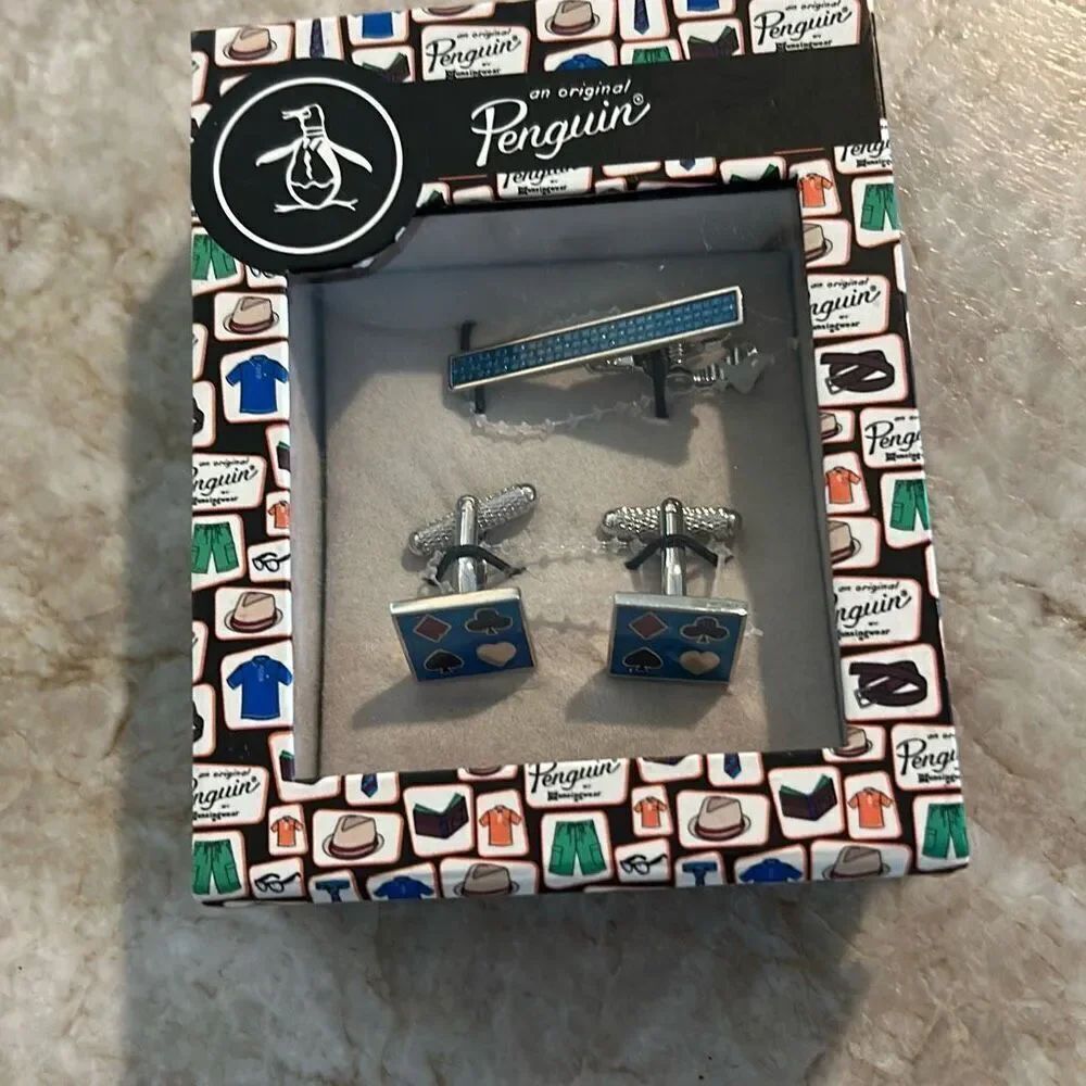 Original Penguin by Munsingwear Cuff Links Tie Pin Set Gift Box Casino Cards New